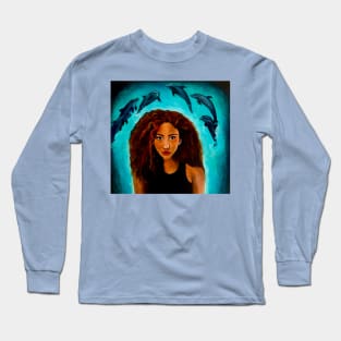 Woman with dolphins swimming Long Sleeve T-Shirt